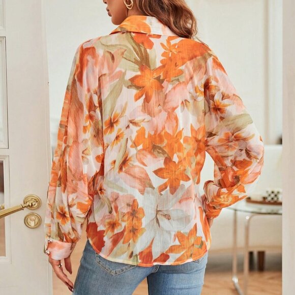 Orange Boho Women's Floral Print Button Down Loose Fit Long Sleeve blouse - Picture 2 of 6